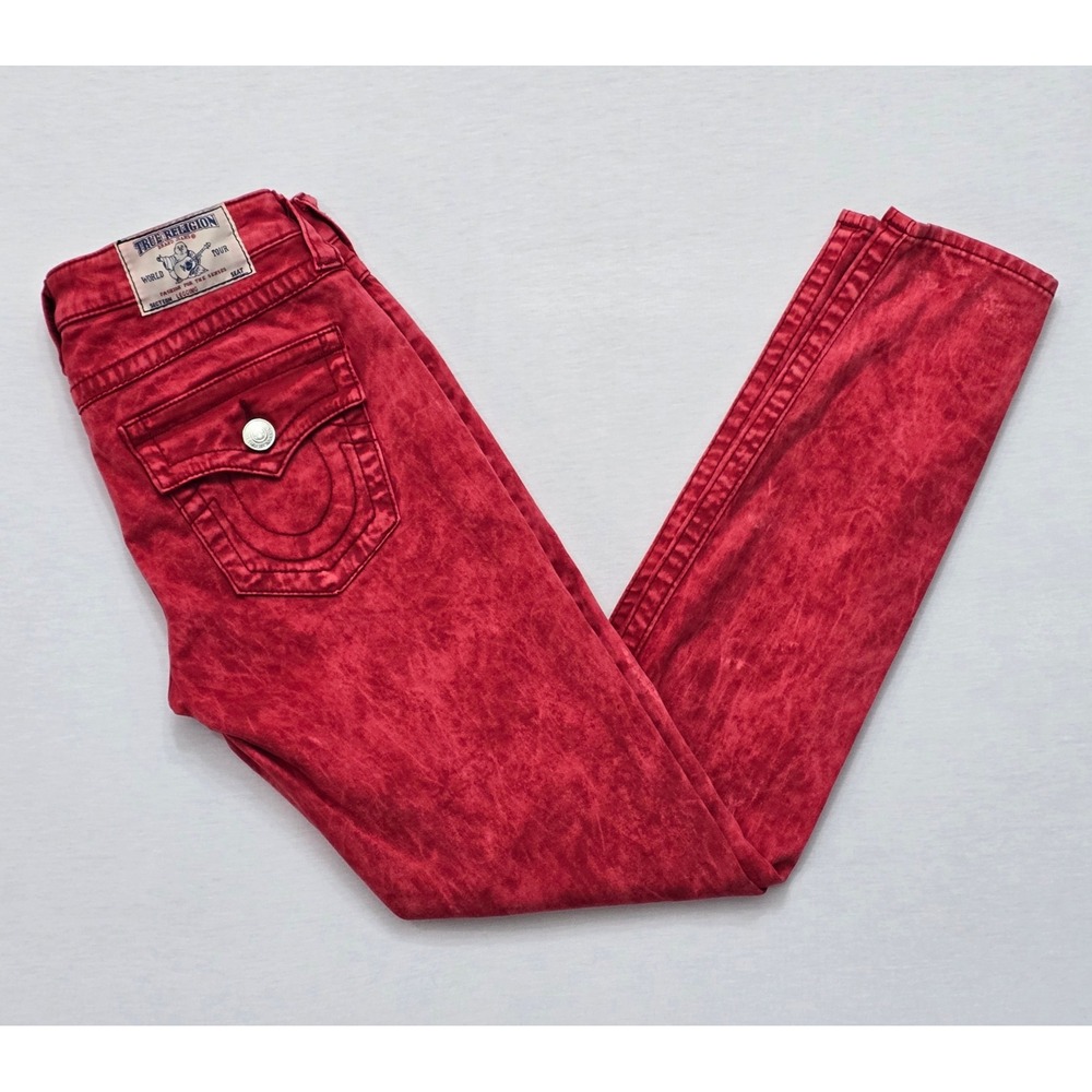 True Religion Red Acid Wash Section Legging Skinny Jeans Womens 28 Low Rise